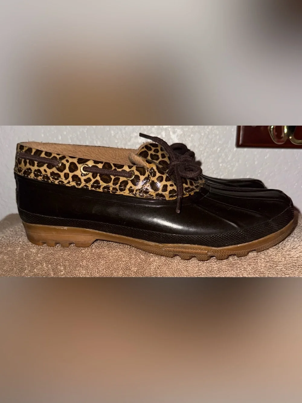Sperry Black Duck Boots with Leopard Trim and Brown Sole